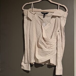 White House Black Market Beige and White Striped Button-Up Blouse